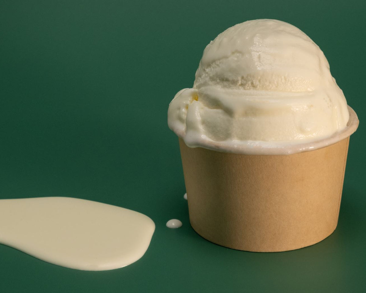 Kugel Fior di Latte (Sahneeis) im Pappbecher auf dunkelgrünem Grund